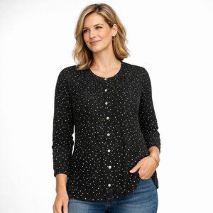 J. Jill Womens Rayon Top Buton Blouse Black Polka Dot Long Sleeve Size L